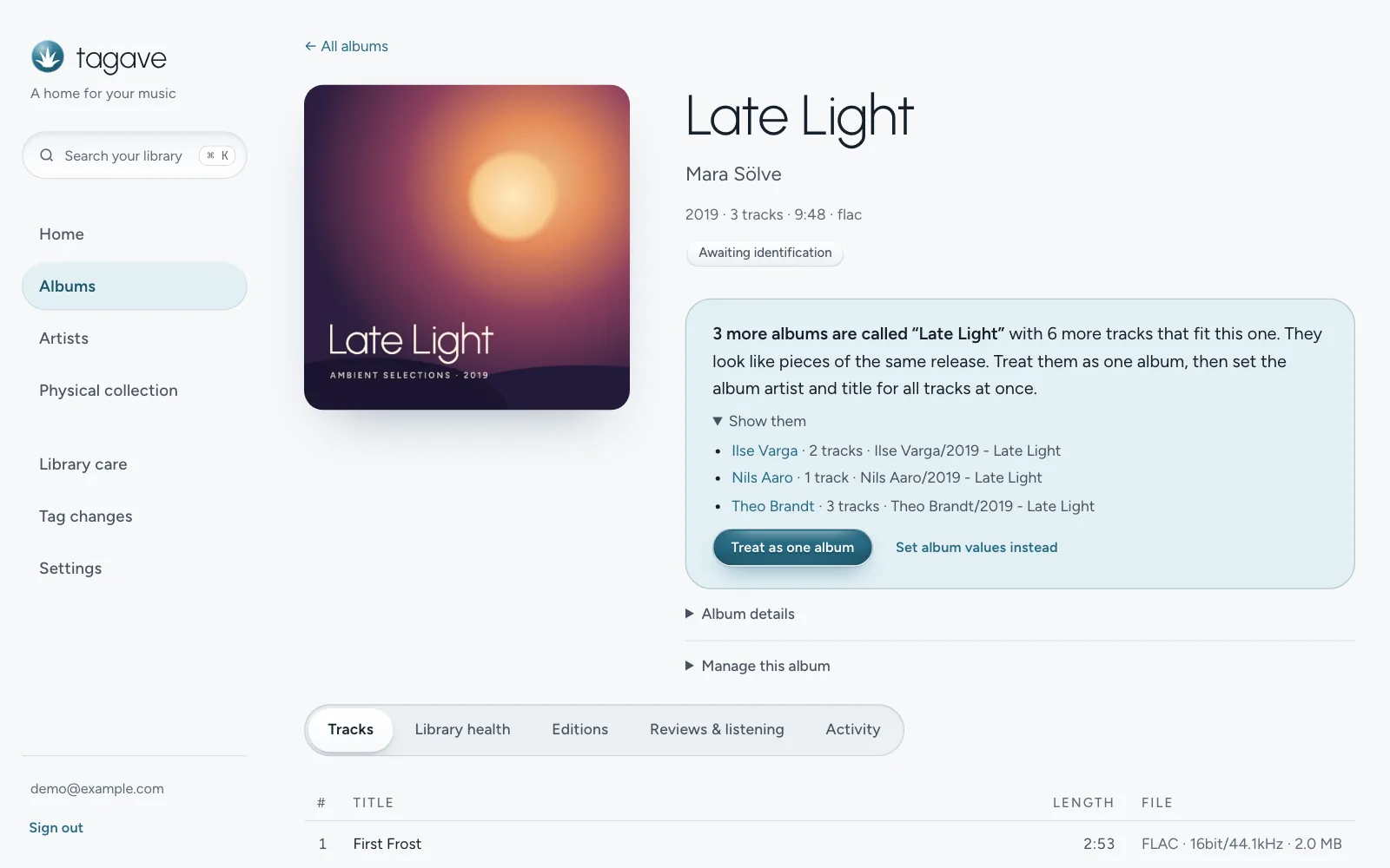 An album page for a compilation, offering to treat three albums with the same title as one album, above its track list.