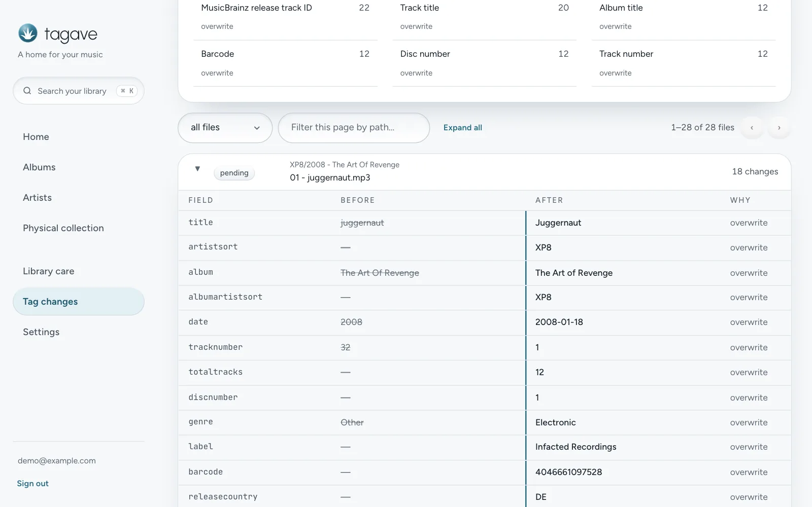 A tag plan preview: one file expanded, with each tag field shown as its value now and the value it would get.